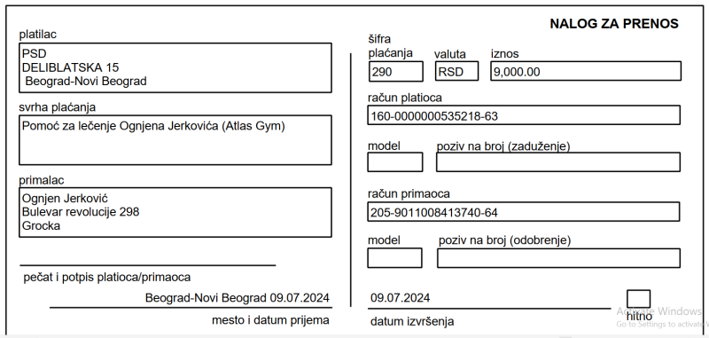 Donacija novčanih sredstava za lečenje Ognjena Jerkovića u San Dijegu /Atlas Gym/ 2