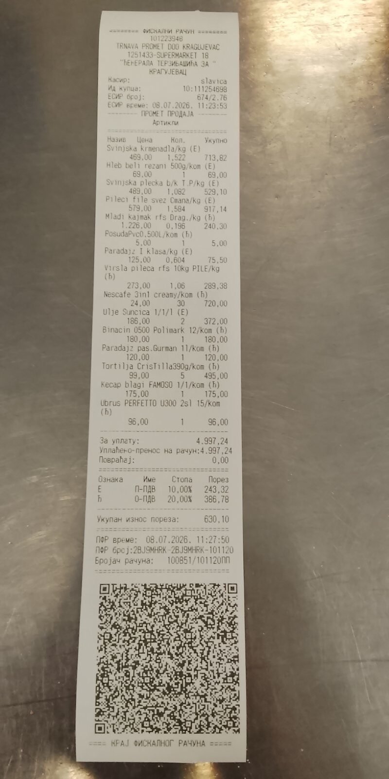 Kupovina namirnica porodici Biserčić - racun